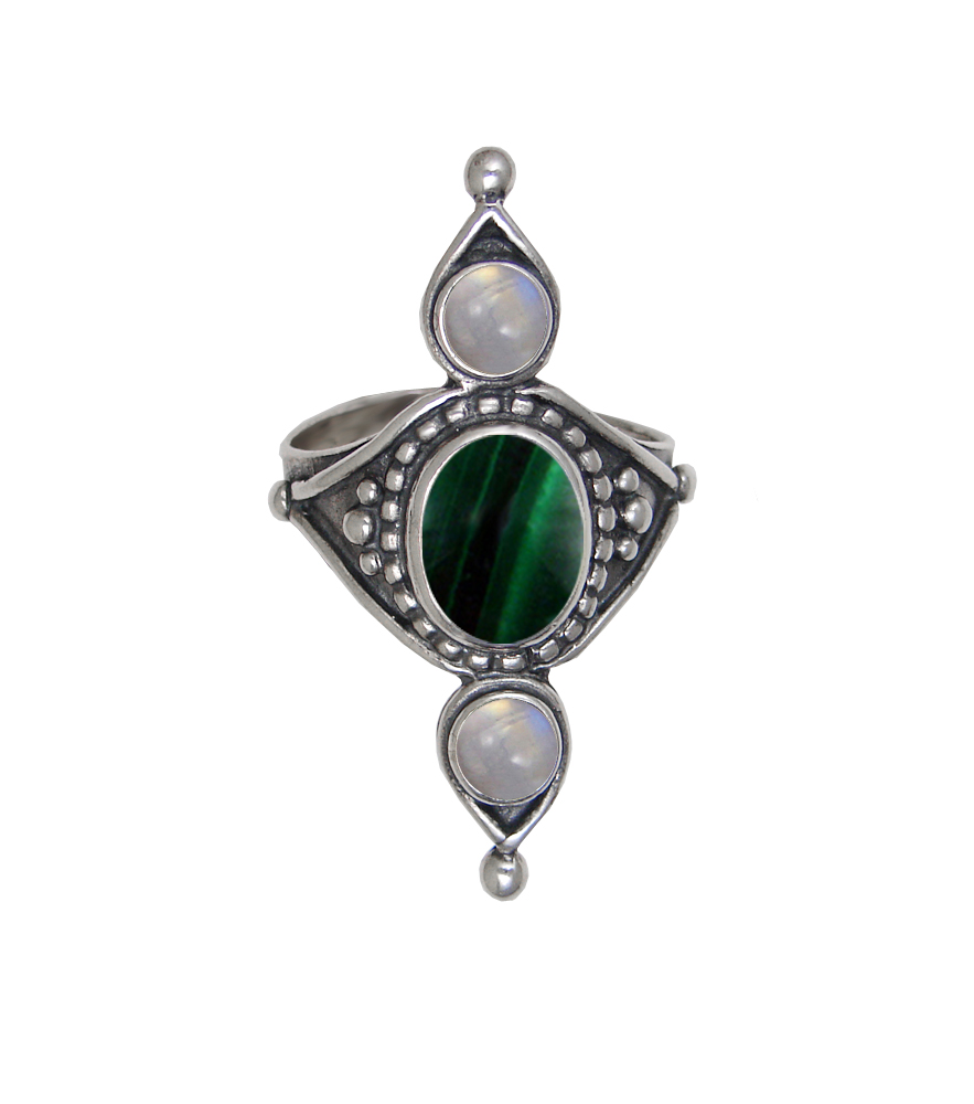 Sterling Silver Royal Ring With Malachite And Rainbow Moonstone Size 10